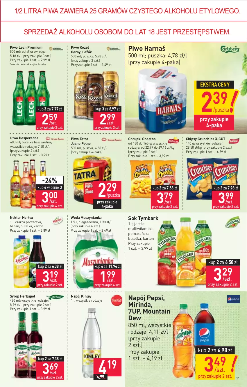 Gazetka promocyjna Stokrotka - Supermarket - ważna 15.07 do 21.07.2021 - strona 11 - produkty: 7up, Cheetos, Chipsy, Chrupki, Crunchips, Desperados, Gra, Harnaś, Herbapol, Hortex, Kozel, Lech Premium, Mirinda, Mus, Muszynianka, Napój, Nektar, Pepsi, Piwa, Piwo, Por, Sok, Syrop, Tatra, Tymbark, Woda