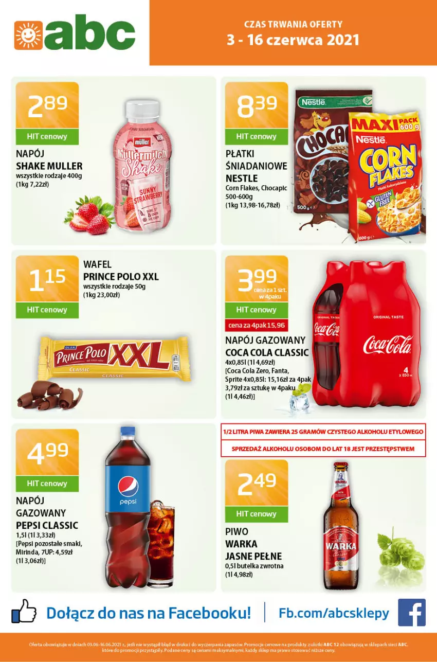 Gazetka promocyjna ABC - Gazetka - ważna 03.06 do 17.06.2021 - strona 1 - produkty: Corn flakes, Fa, Fanta, Napój, Napój gazowany, O nas, Pepsi, Piwo, Prince Polo, Sprite, Warka