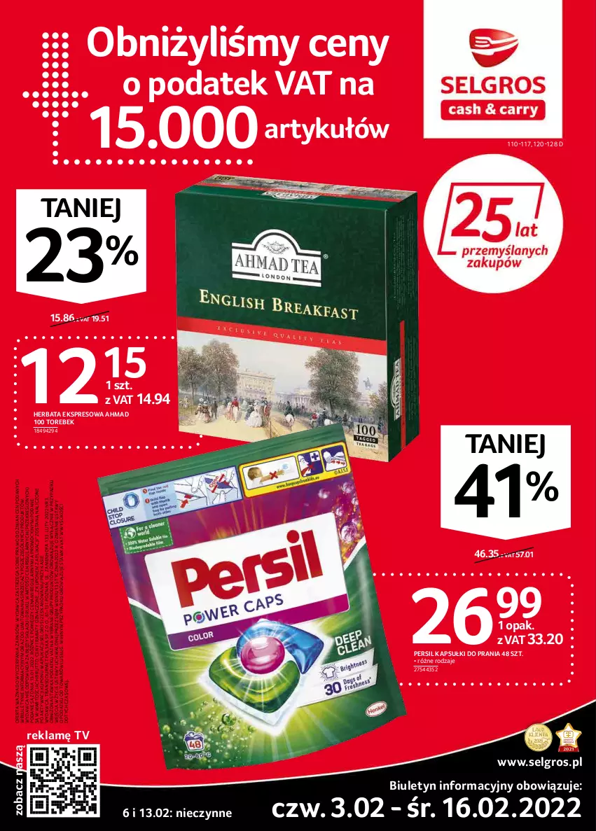 Gazetka promocyjna Selgros - Oferta spożywcza - ważna 03.02 do 16.02.2022 - strona 1 - produkty: Fa, Herbata, Kapsułki do prania, LG, Persil, Sok, Tran