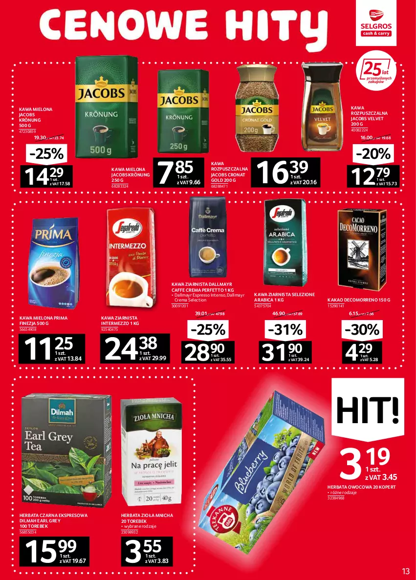 Gazetka promocyjna Selgros - Oferta spożywcza - ważna 03.02 do 16.02.2022 - strona 13 - produkty: BIC, Dallmayr, Dilmah, Earl Grey, Herbata, Herbata czarna, Herbata owocowa, Jacobs, Jacobs Krönung, Jacobs Velvet, Kakao, Kawa, Kawa mielona, Kawa rozpuszczalna, Kawa ziarnista, Prima, Velvet