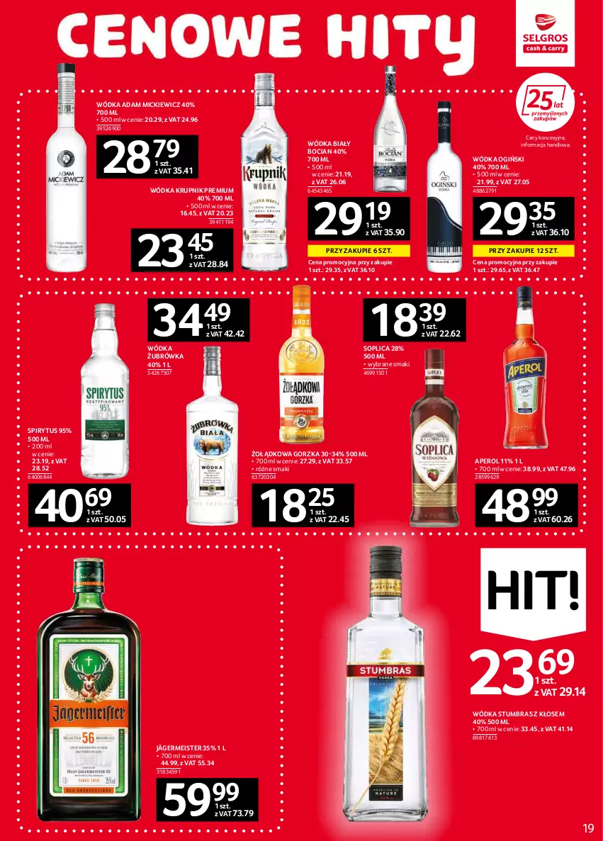 Gazetka promocyjna Selgros - Oferta spożywcza - ważna 03.02 do 16.02.2022 - strona 19 - produkty: Aperol, Biały Bocian, Krupnik, Ogiński, Soplica, Wódka