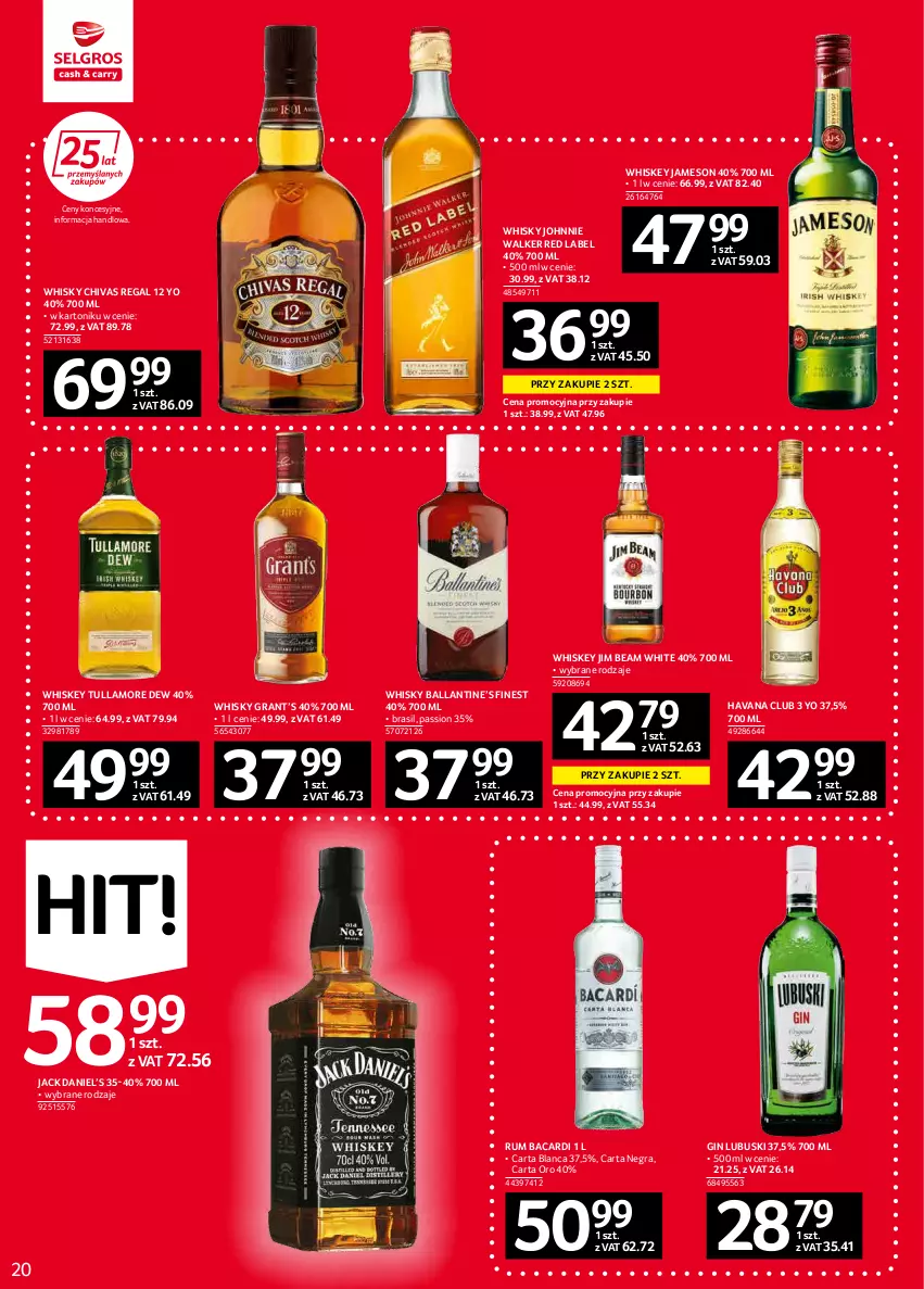 Gazetka promocyjna Selgros - Oferta spożywcza - ważna 03.02 do 16.02.2022 - strona 20 - produkty: Bacardi, Gin, Gra, Jameson, Jim Beam, Johnnie Walker, Rum, Tonik, Tullamore Dew, Whiskey, Whisky