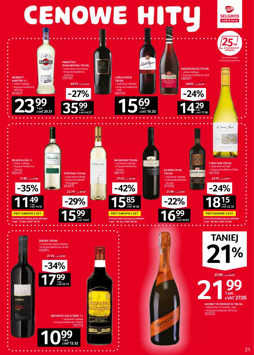 Gazetka promocyjna Selgros - Oferta spożywcza - ważna 03.02 do 16.02.2022 - strona 21 - produkty: Carlo Rossi, Grzaniec Galicyjski, Martini, Mionetto, Mogen David, Por, Portada, Prosecco