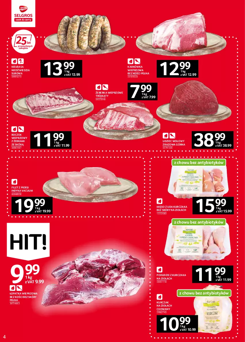 Gazetka promocyjna Selgros - Oferta spożywcza - ważna 03.02 do 16.02.2022 - strona 4 - produkty: Boczek, Boczek wieprzowy, Filet z piersi indyka, Karkówka wieprzowa, Kiełbasa, Kurczak, Mięso, Mięso z uda kurczaka, Podudzie z kurczaka, Udziec wołowy