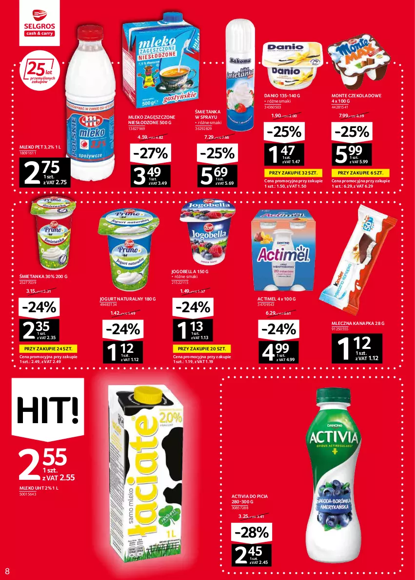 Gazetka promocyjna Selgros - Oferta spożywcza - ważna 03.02 do 16.02.2022 - strona 8 - produkty: Actimel, Activia, Bell, Bella, Danio, Jogobella, Jogurt, Jogurt naturalny, Mleczna kanapka, Mleko, Mleko zagęszczone, Monte