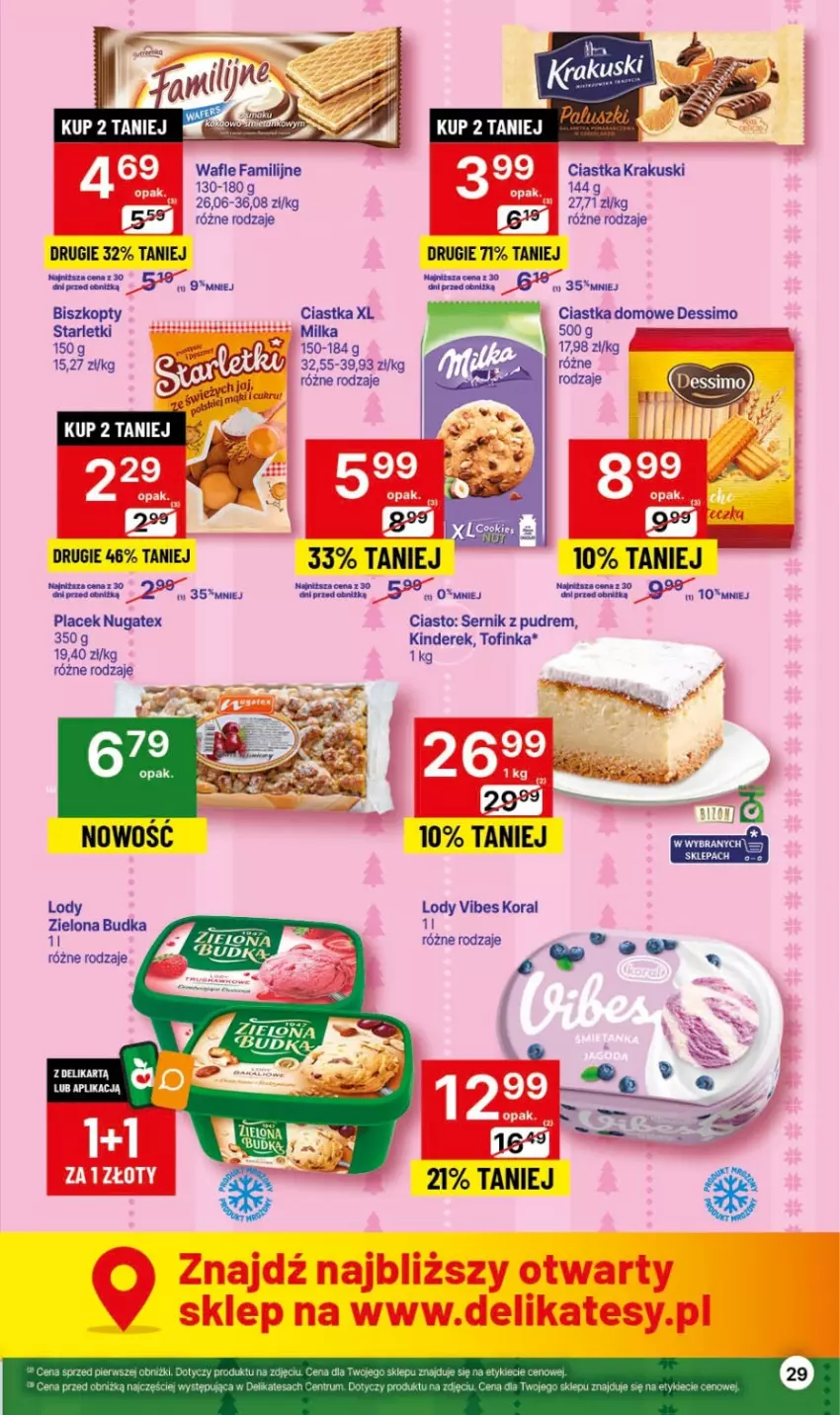 Gazetka promocyjna Delikatesy Centrum - Gazetka DC46 czw-sr - ważna 23.11 do 29.11.2023 - strona 29 - produkty: Biszkopty, Ciastka, Fa, Inka, JBL, Kinder, Krakus, Krakuski, Lody, Milka, Ser, Wafle, Zielona Budka