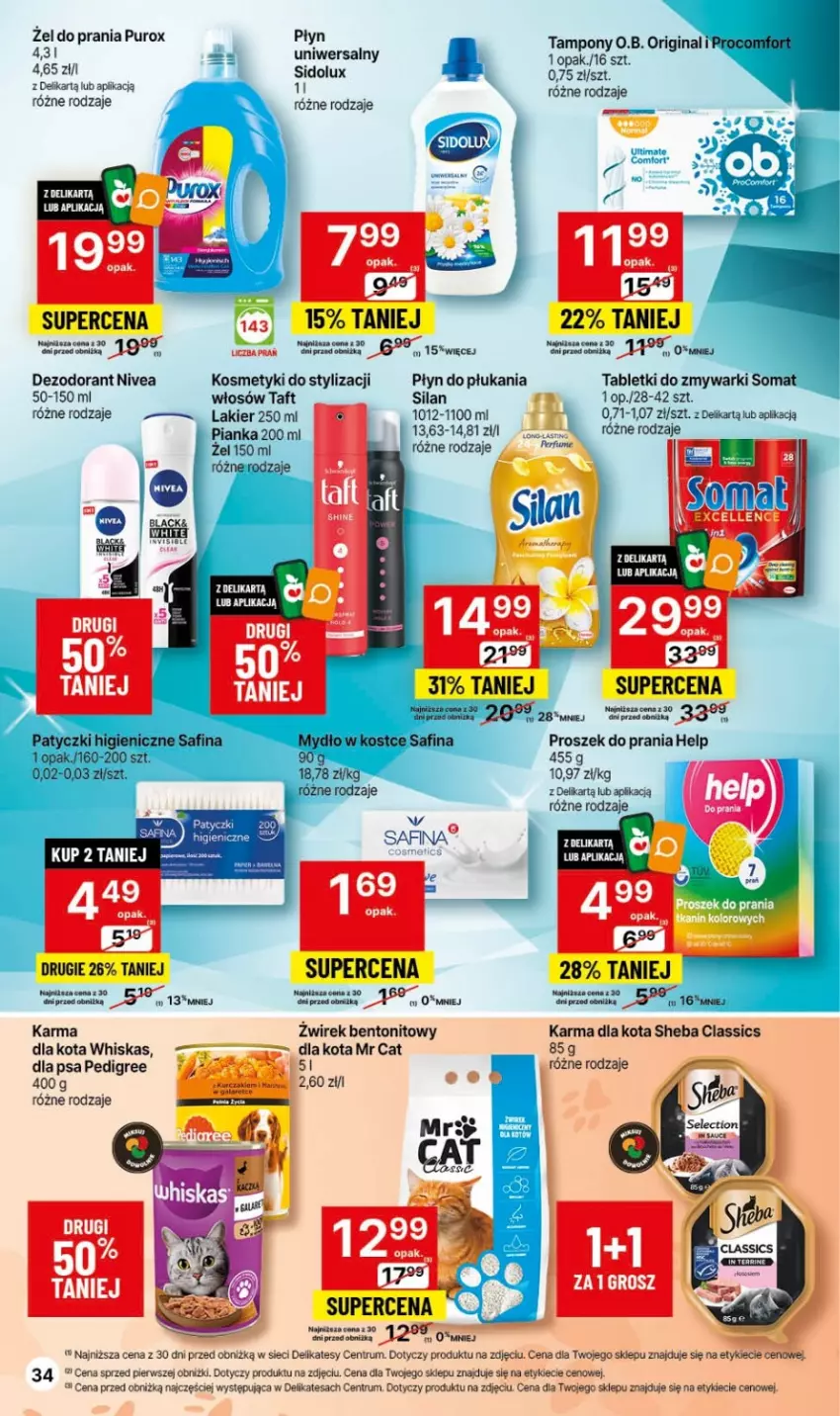 Gazetka promocyjna Delikatesy Centrum - Gazetka DC46 czw-sr - ważna 23.11 do 29.11.2023 - strona 34 - produkty: Dezodorant, Gin, Mydło, Nivea, O.B., Pedigree, Perfum, Płyn do płukania, Proszek do prania, Pur, Rum, Sheba, Sidolux, Silan, Somat, Tablet, Tabletki do zmywarki, Taft, Tampony, Whiskas, Zmywarki