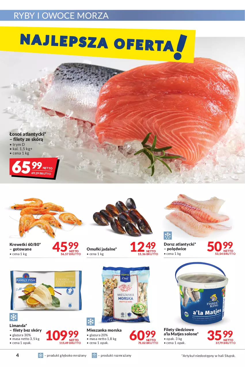 Gazetka promocyjna Makro - [Oferta promocyjna] Artykuły spożywcze i przemysłowe - ważna 24.01 do 07.02.2022 - strona 4 - produkty: Dorsz, Glazura, Krewetki, Lazur, Mieszanka morska, Omułki jadalne, Owoce, Owoce morza, Ryby i owoce morza