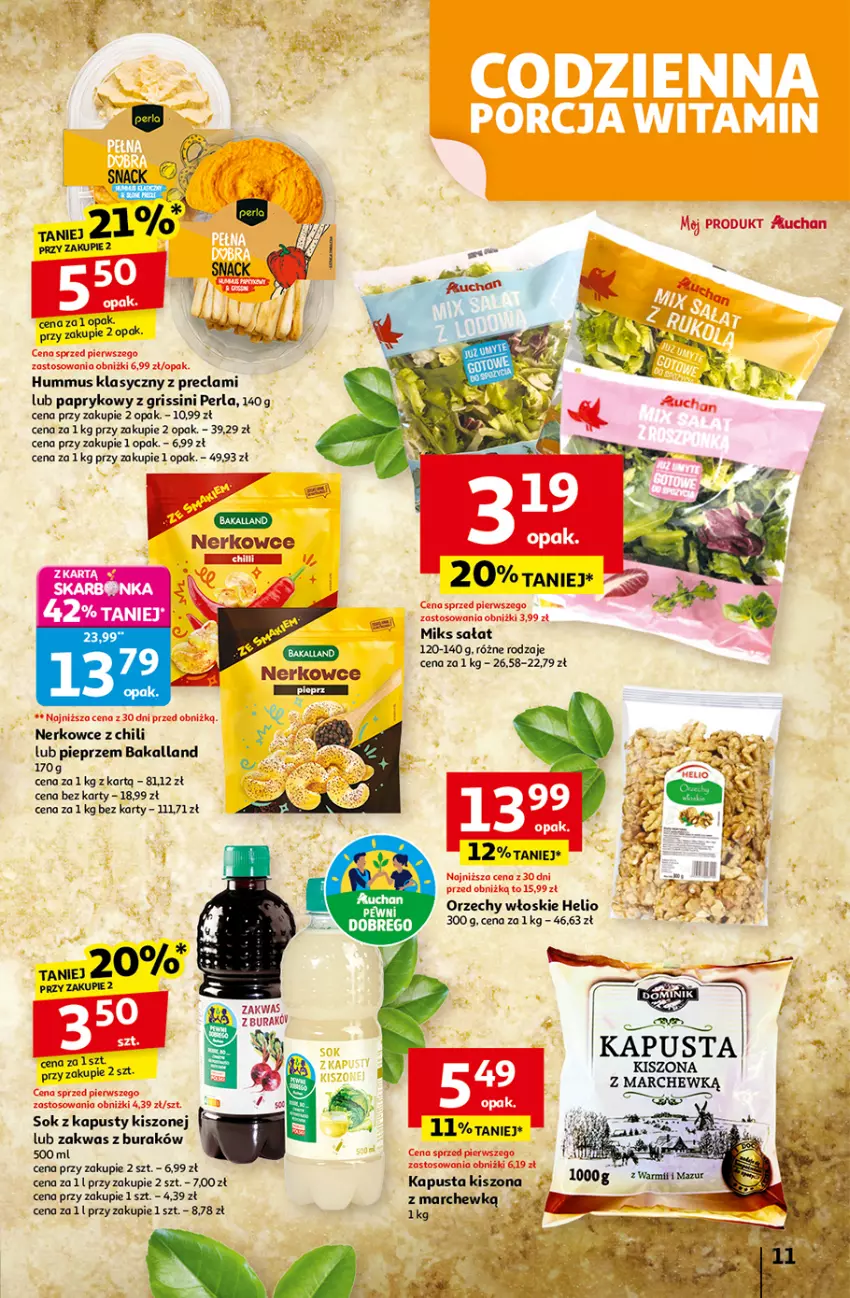 Gazetka promocyjna Auchan - Gazetka Wielkie przeboje cenowe Hipermarket Auchan - ważna 16.10 do 22.10.2025 - strona 11 - produkty: Bakalland, Grissini, Helio, Hummus, Mus, Orzechy włoskie, Pieprz, Sałat, Sok