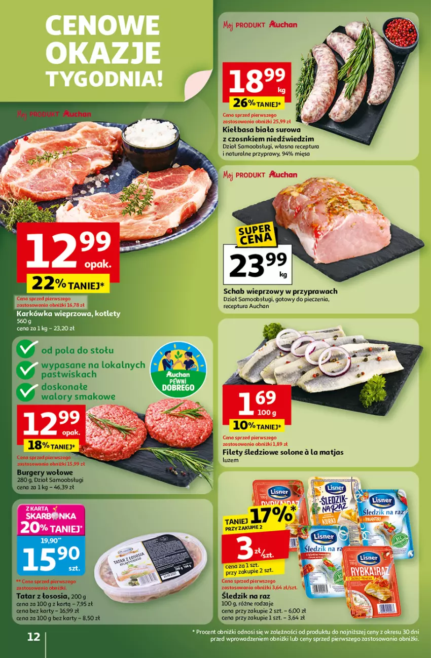 Gazetka promocyjna Auchan - Gazetka Wielkie przeboje cenowe Hipermarket Auchan - ważna 16.10 do 22.10.2025 - strona 12 - produkty: Burger, Kiełbasa, Kiełbasa biała, Matjas, Piec, Przyprawy, Schab wieprzowy, Sos