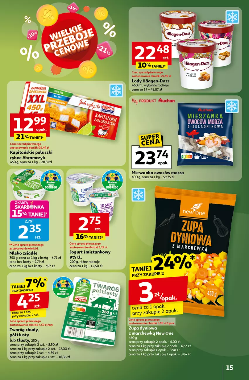 Gazetka promocyjna Auchan - Gazetka Wielkie przeboje cenowe Hipermarket Auchan - ważna 16.10 do 22.10.2025 - strona 15 - produkty: Jogurt, Lody, Mleko, Mleko zsiadłe, Paluszki rybne, Twaróg, Twaróg chudy, Zupa