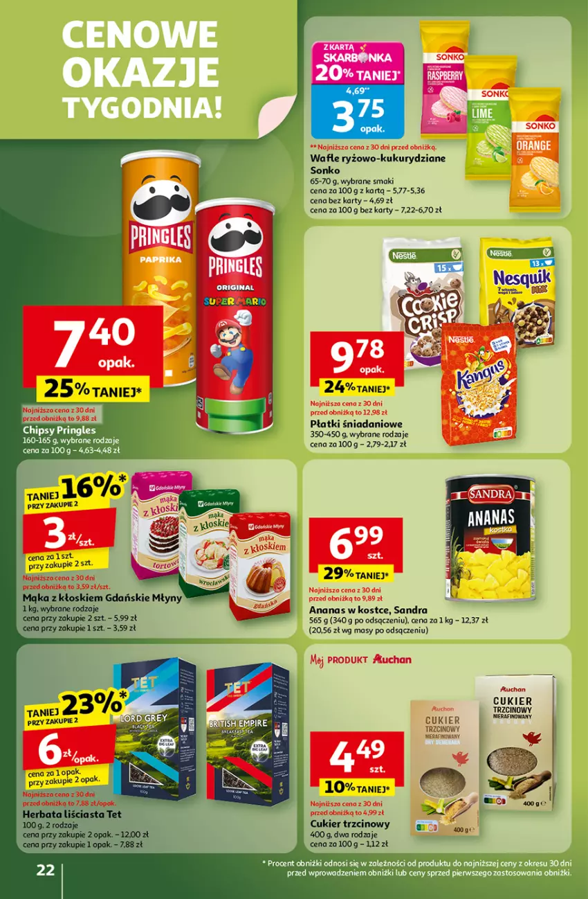 Gazetka promocyjna Auchan - Gazetka Wielkie przeboje cenowe Hipermarket Auchan - ważna 16.10 do 22.10.2025 - strona 22 - produkty: Ananas, Chipsy, Cukier, Cukier trzcinowy, Danio, Gin, Herbata, Mąka, Pringles, Ryż, Sonko, Wafle