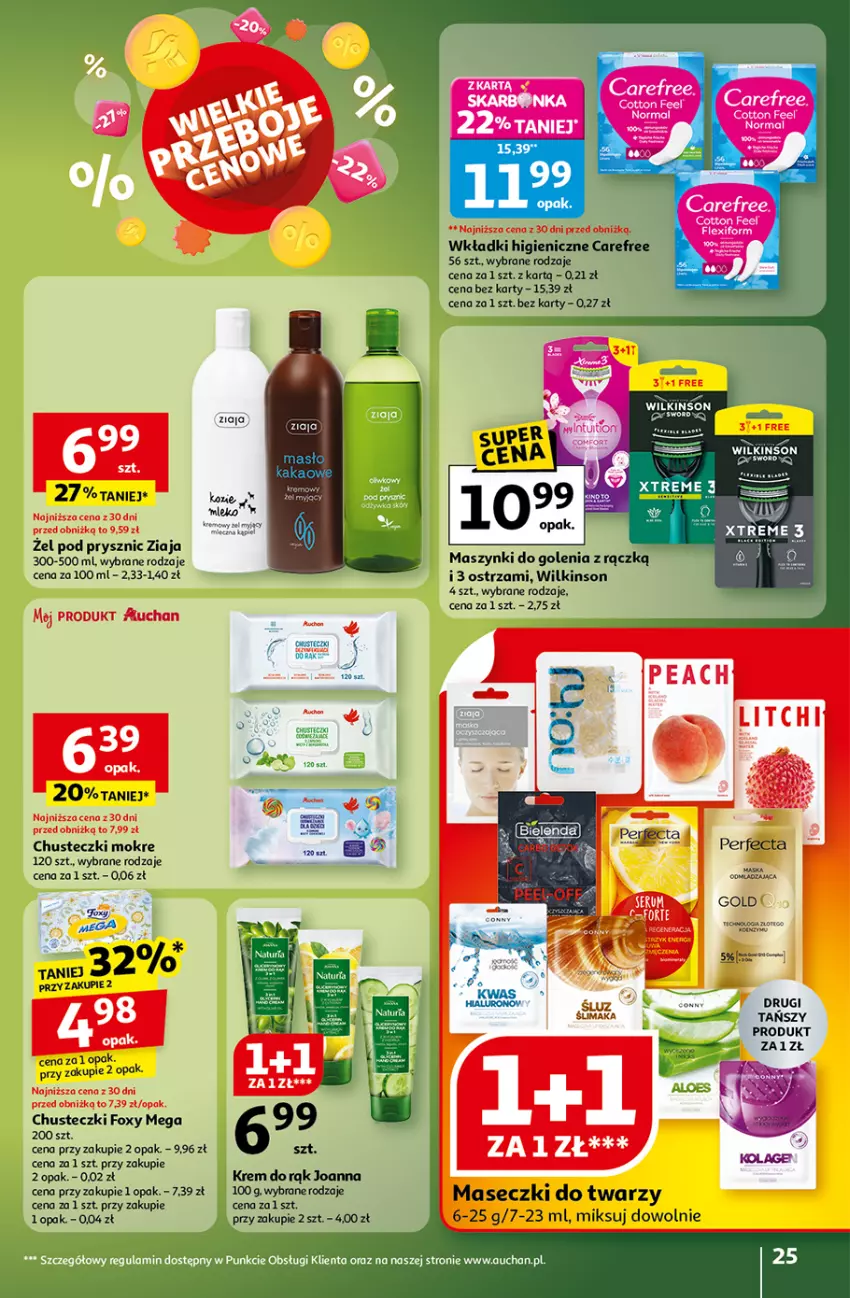 Gazetka promocyjna Auchan - Gazetka Wielkie przeboje cenowe Hipermarket Auchan - ważna 16.10 do 22.10.2025 - strona 25 - produkty: Carefree, Chusteczki, Foxy, Joanna, Kakao, Krem do rąk, Mleko, Wkładki, Ziaja