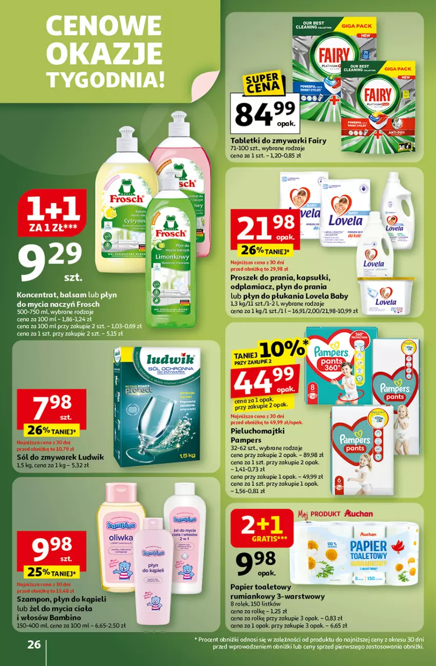 Gazetka promocyjna Auchan - Gazetka Wielkie przeboje cenowe Hipermarket Auchan - ważna 16.10 do 22.10.2025 - strona 26 - produkty: Fa, Fairy, Gra, Lovela, Ludwik, Majtki, Odplamiacz, Pampers, Papier, Papier toaletowy, Pieluchomajtki, Płyn do kąpieli, Płyn do płukania, Płyn do prania, Proszek do prania, Rum, Sól, Szampon, Tablet, Tabletki do zmywarki, Zmywarki