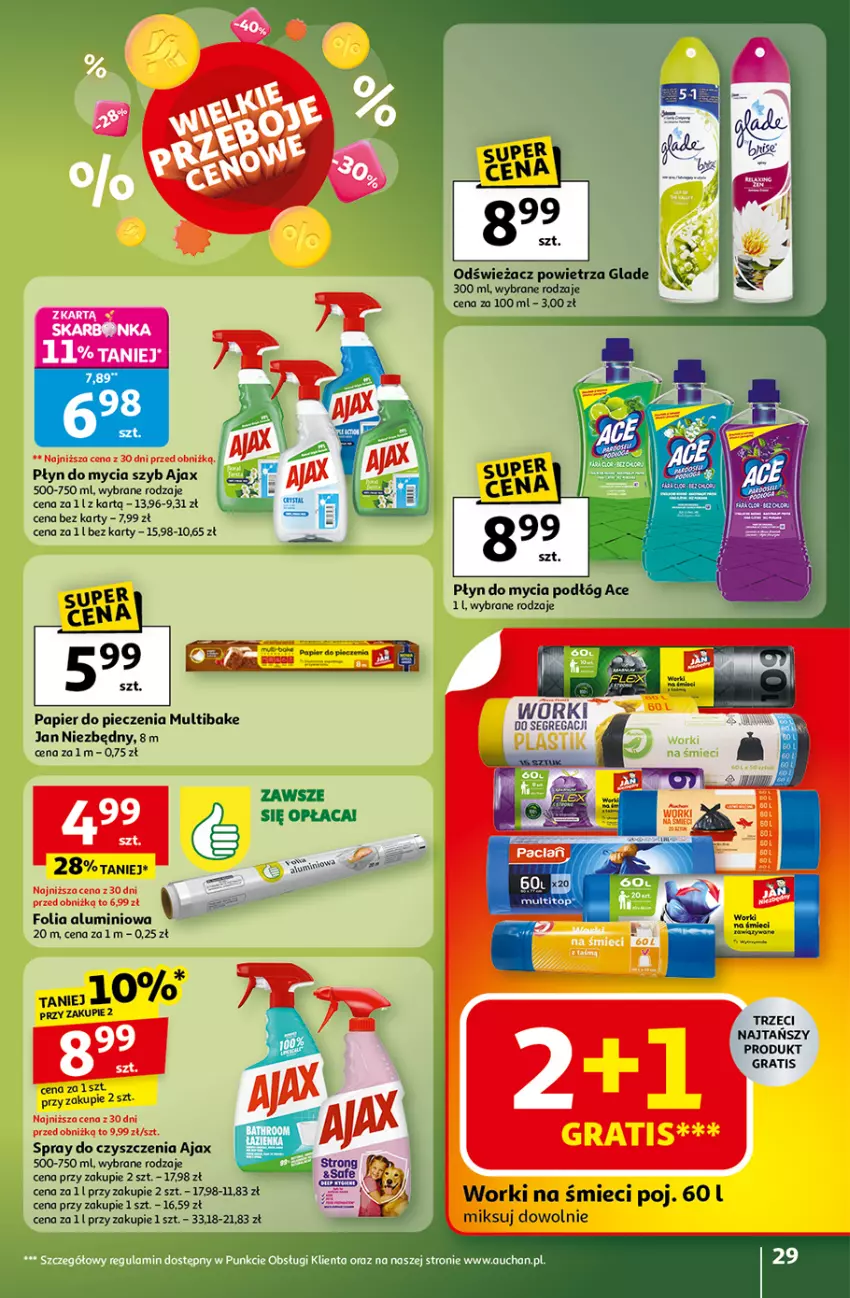 Gazetka promocyjna Auchan - Gazetka Wielkie przeboje cenowe Hipermarket Auchan - ważna 16.10 do 22.10.2025 - strona 29 - produkty: Ajax, Folia aluminiowa, Gra, Jan Niezbędny, Odświeżacz powietrza, Papier, Papier do pieczenia, Piec, Płyn do mycia, Spray do czyszczenia, Worki na śmiec, Worki na śmieci