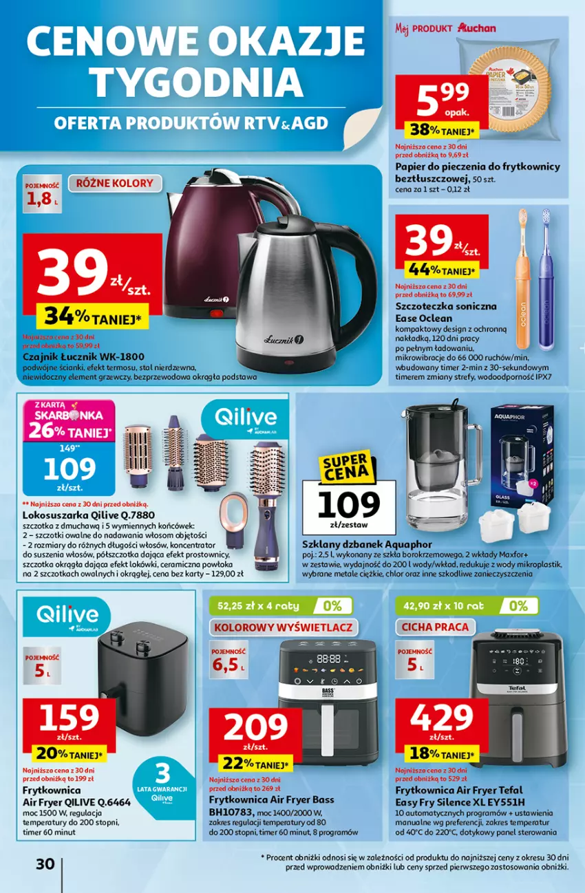 Gazetka promocyjna Auchan - Gazetka Wielkie przeboje cenowe Hipermarket Auchan - ważna 16.10 do 22.10.2025 - strona 30 - produkty: Aquaphor, Czajnik, Dzbanek, Fa, Gra, Papier, Papier do pieczenia, Piec, Por, Ser, Suszarka, Szczoteczka, Szczoteczka soniczna, Szczotka, Tefal, Termos, Top