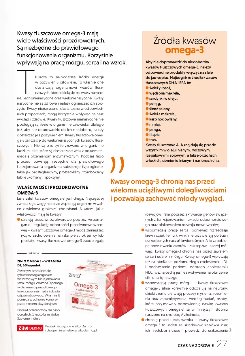 Gazetka promocyjna Ziko - Gazetka Ziko Dermo - ważna 11.04 do 31.08.2022 - strona 27 - produkty: Chia, Gra, Karp, Mintaj, Olej, Omega-3, Panga, Por, Pstrąg, Sardynki, Ser, Suplement diety, Tilapia, Top, Tran, Zdrowie