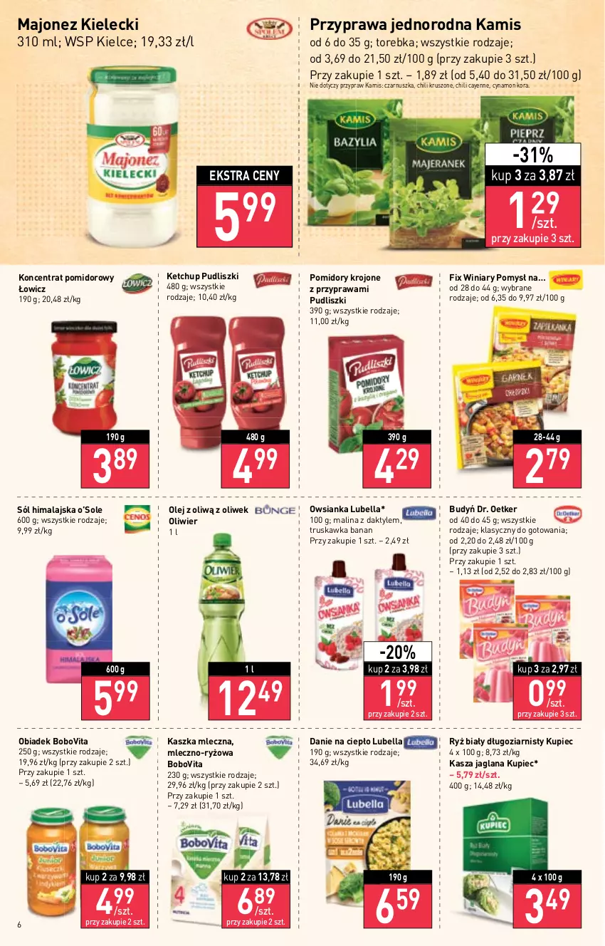 Gazetka promocyjna Stokrotka - Market - ważna 15.09 do 21.09.2022 - strona 6 - produkty: Bell, Bella, BoboVita, Budyń, Daktyle, Dr. Oetker, Kamis, Kasza, Kasza jaglana, Ketchup, Koncentrat pomidorowy, Kupiec, LANA, Lubella, Majonez, Olej, Owsianka, Piec, Pomidory, Pomidory krojone, Pudliszki, Ryż, Ryż biały, Sól, Sól himalajska, Torebka, Winiary