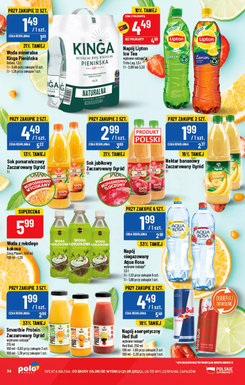 Gazetka promocyjna PoloMarket - Gazetka pomocyjna - ważna 15.06 do 21.06.2022 - strona 34 - produkty: Kokos, Lipton, Napój, Napój energetyczny, Napój niegazowany, Nektar, Nektar bananowy, Ogród, Oshee, Red Bull, Smoothie, Sok, Sok jabłkowy, Sok pomarańczowy, Woda