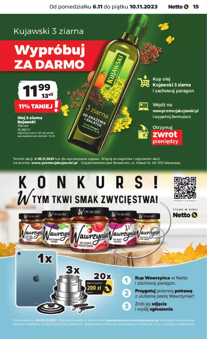 Gazetka promocyjna Netto - Artykuły spożywcze - ważna 06.11 do 10.11.2023 - strona 15 - produkty: Kujawski, Olej