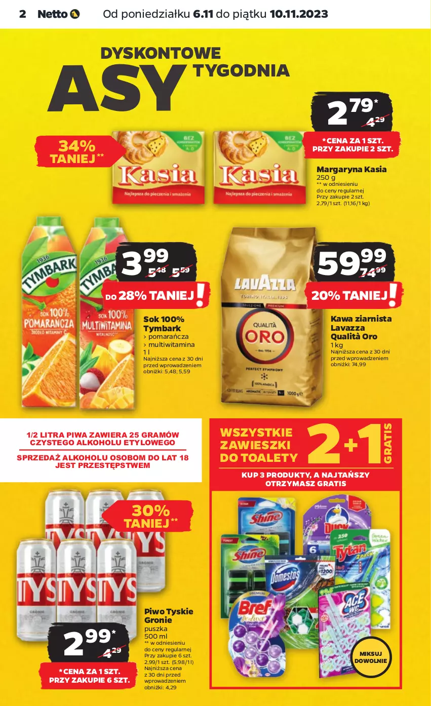 Gazetka promocyjna Netto - Artykuły spożywcze - ważna 06.11 do 10.11.2023 - strona 2 - produkty: Gra, Kasia, Kawa, Kawa ziarnista, Lavazza, Margaryna, Piwa, Piwo, Sok, Tymbark, Tyskie, Zawieszki