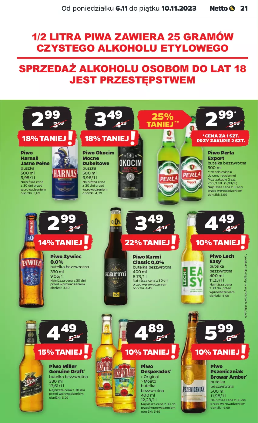 Gazetka promocyjna Netto - Artykuły spożywcze - ważna 06.11 do 10.11.2023 - strona 21 - produkty: Desperados, Gin, Gra, Harnaś, Karmi, Koc, Okocim, Perła, Piwa, Piwo, Por