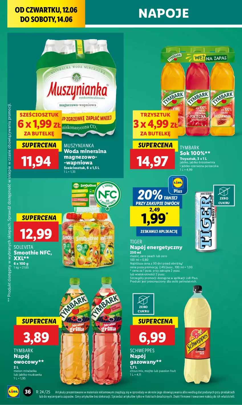 Gazetka promocyjna Lidl - GAZETKA - ważna 12.06 do 14.06.2025 - strona 38 - produkty: Magnez, Melon, Mus, Muszynianka, Por, Schweppes, Tiger, Tymbark, Woda, Woda mineralna