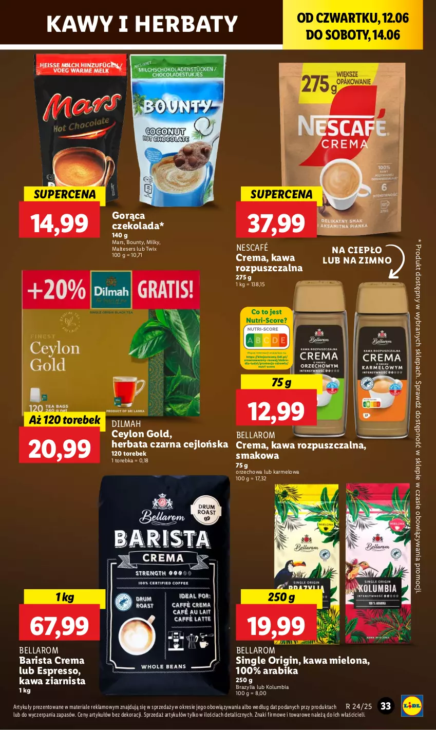 Gazetka promocyjna Lidl - GAZETKA - ważna 12.06 do 14.06.2025 - strona 43 - produkty: Bell, Bella, Bounty, Czekolada, Dilmah, Gin, Herbata, Herbata czarna, Kawa, Kawa mielona, Kawa rozpuszczalna, Kawa ziarnista, Mars, Ser, Torebka, Twix