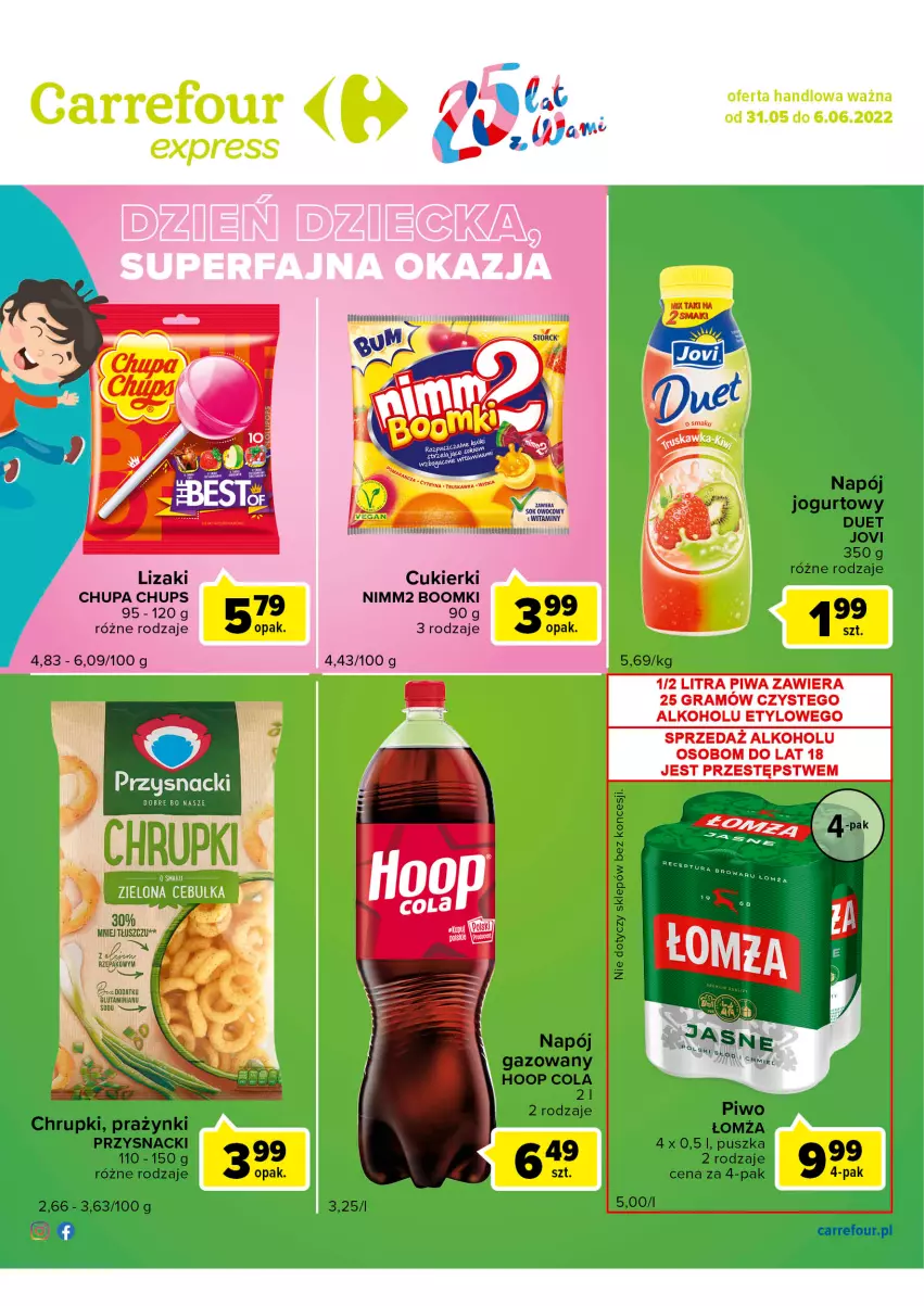 Gazetka promocyjna Carrefour - Gazetka Express - ważna 31.05 do 06.06.2022 - strona 2 - produkty: Chrupki, Chupa Chups, Cukier, Cukierki, Gra, Hoop, Jogurt, Lizaki, Napój, Napój gazowany, Napój jogurtowy, Nimm2, O nas, Piwa, Piwo, Przysnacki, Sok