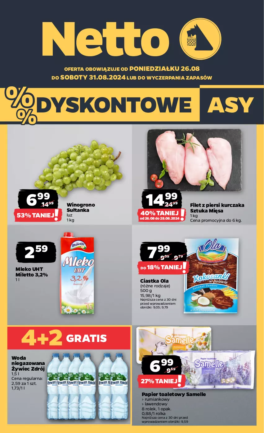 Gazetka promocyjna Netto - Artykuły spożywcze - ważna 26.08 do 31.08.2024 - strona 1 - produkty: Ciastka, Filet z piersi kurczaka, Gra, Kurczak, Mleko, Papier, Papier toaletowy, Rum, Wino, Woda, Woda niegazowana