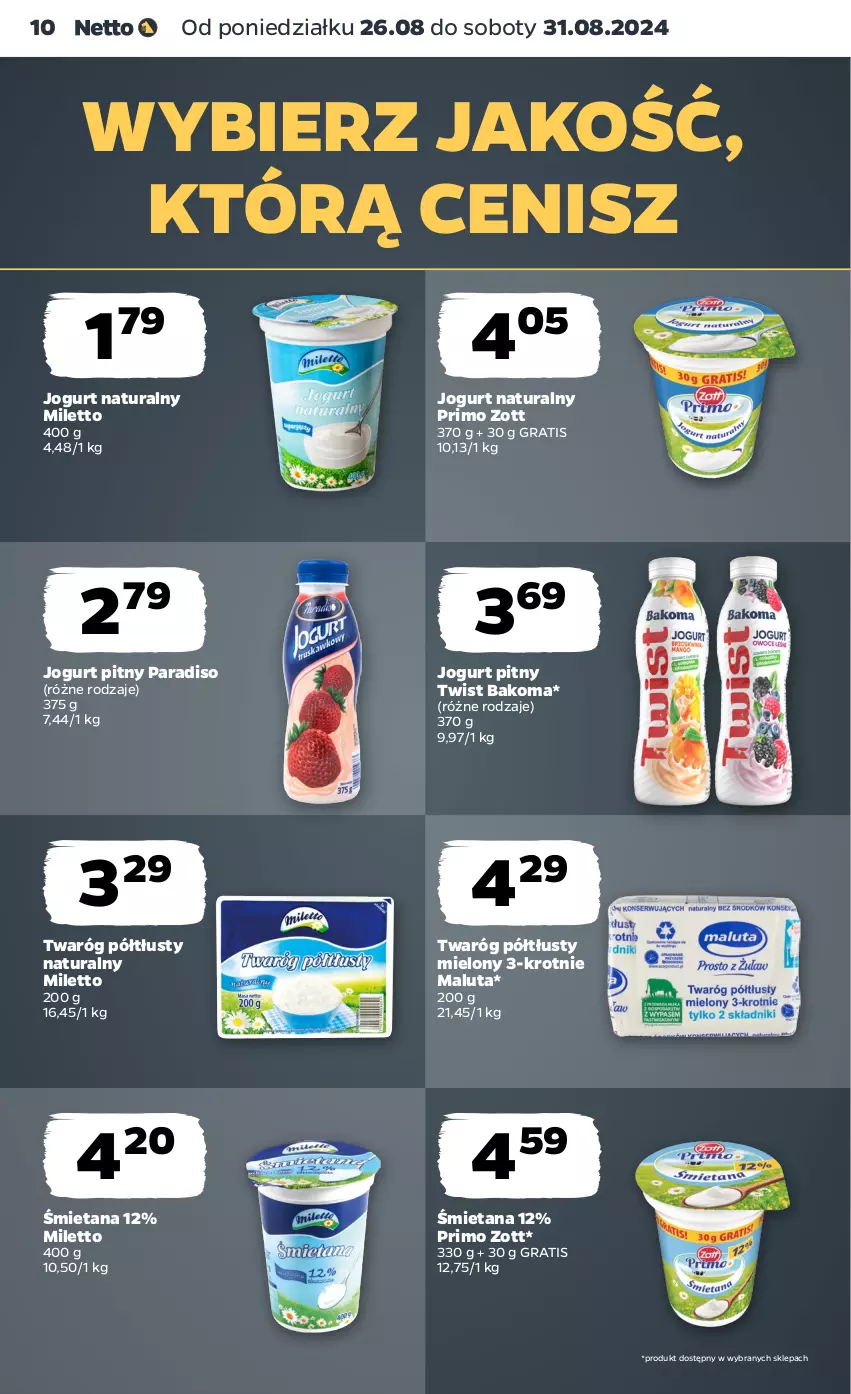 Gazetka promocyjna Netto - Artykuły spożywcze - ważna 26.08 do 31.08.2024 - strona 10 - produkty: Bakoma, Gra, Jogurt, Jogurt naturalny, Jogurt pitny, Twaróg, Twaróg półtłusty, Zott