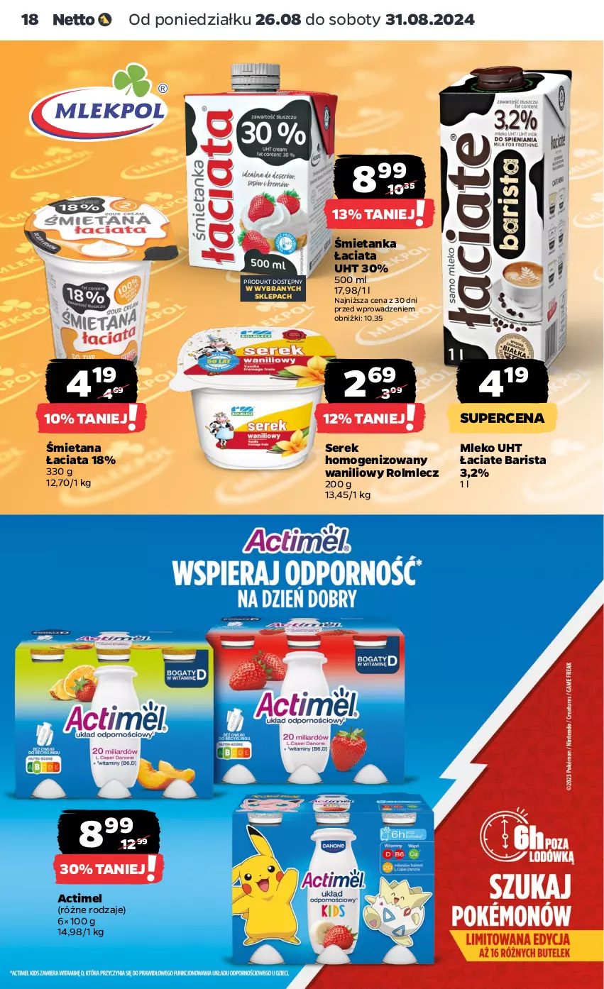 Gazetka promocyjna Netto - Artykuły spożywcze - ważna 26.08 do 31.08.2024 - strona 18 - produkty: Actimel, Mleko, Rolmlecz, Ser, Serek, Serek homogenizowany