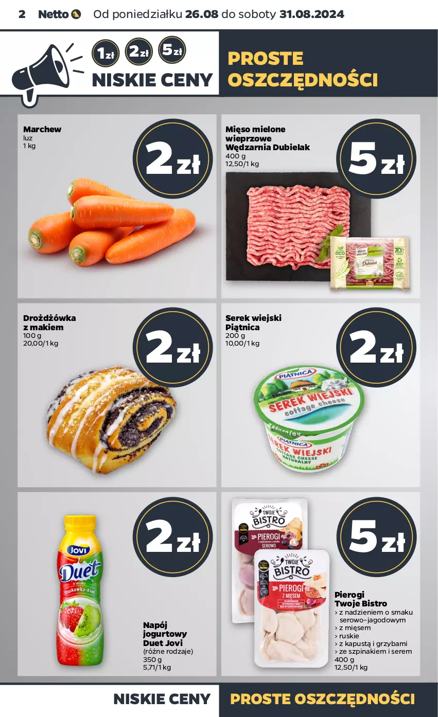 Gazetka promocyjna Netto - Artykuły spożywcze - ważna 26.08 do 31.08.2024 - strona 2 - produkty: Jogurt, Kapustą, Mięso, Mięso mielone, Napój, Napój jogurtowy, Piątnica, Pierogi, Ser, Serek, Serek wiejski, Szpinak