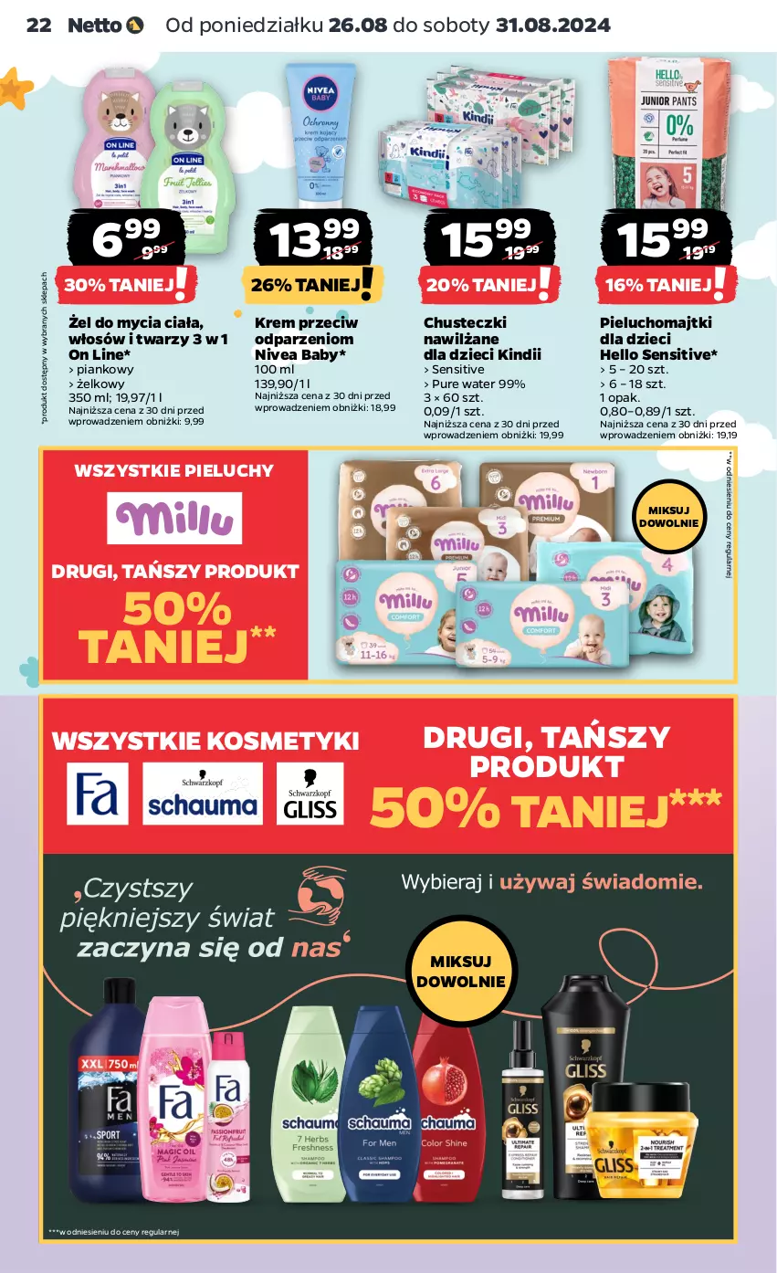 Gazetka promocyjna Netto - Artykuły spożywcze - ważna 26.08 do 31.08.2024 - strona 22 - produkty: Chusteczki, Dzieci, Kindii, Majtki, Nivea, Nivea Baby, Pedigree, Pieluchomajtki, Pieluchy, Pur