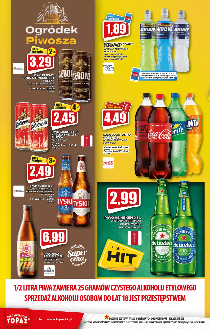 Gazetka promocyjna Topaz - Gazetka - ważna 10.02 do 16.02.2022 - strona 14 - produkty: Fa, Gra, Heineken, Napój, Napój izotoniczny, Piwa, Piwo, Piwo jasne, Sok, Top, Tyskie