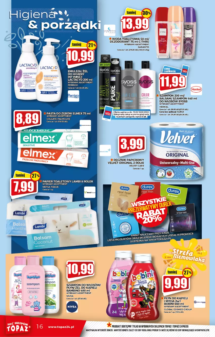 Gazetka promocyjna Topaz - Gazetka - ważna 10.02 do 16.02.2022 - strona 16 - produkty: C-Thru, Colgate, Dezodorant, Elmex, Emulsja, Gin, Lactacyd, LG, Nivea, Palmolive, Papier, Papier toaletowy, Pasta do zębów, Płyn do kąpieli, Ręcznik, Rolki, Sok, Syoss, Szampon, Top, Velvet, Woda, Woda toaletowa