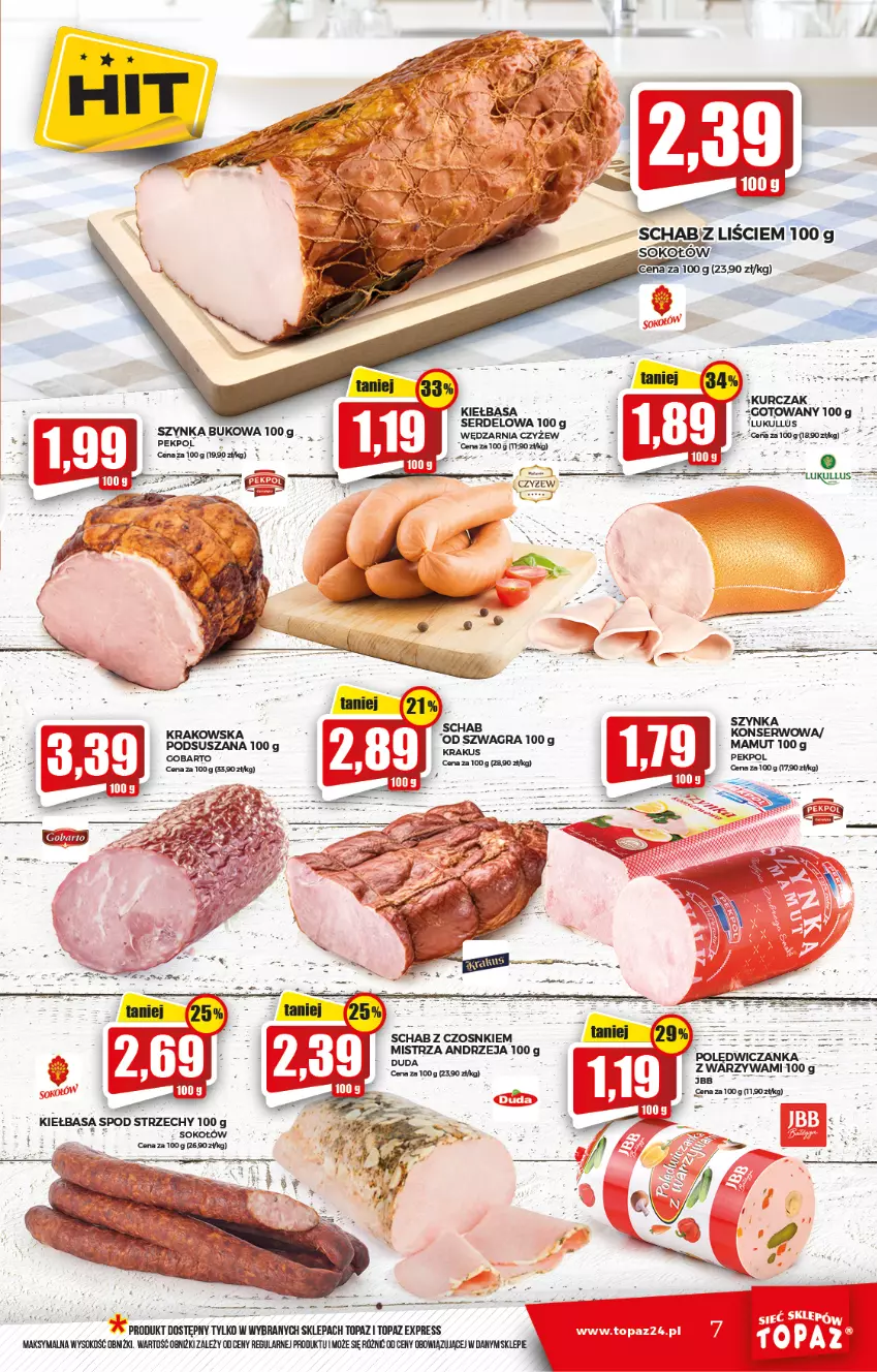 Gazetka promocyjna Topaz - Gazetka - ważna 10.02 do 16.02.2022 - strona 7 - produkty: Fa, Gra, Kiełbasa, Krakus, Kurczak, Pekpol, Ser, Sok, Sokołów, Szynka, Top, Warzywa