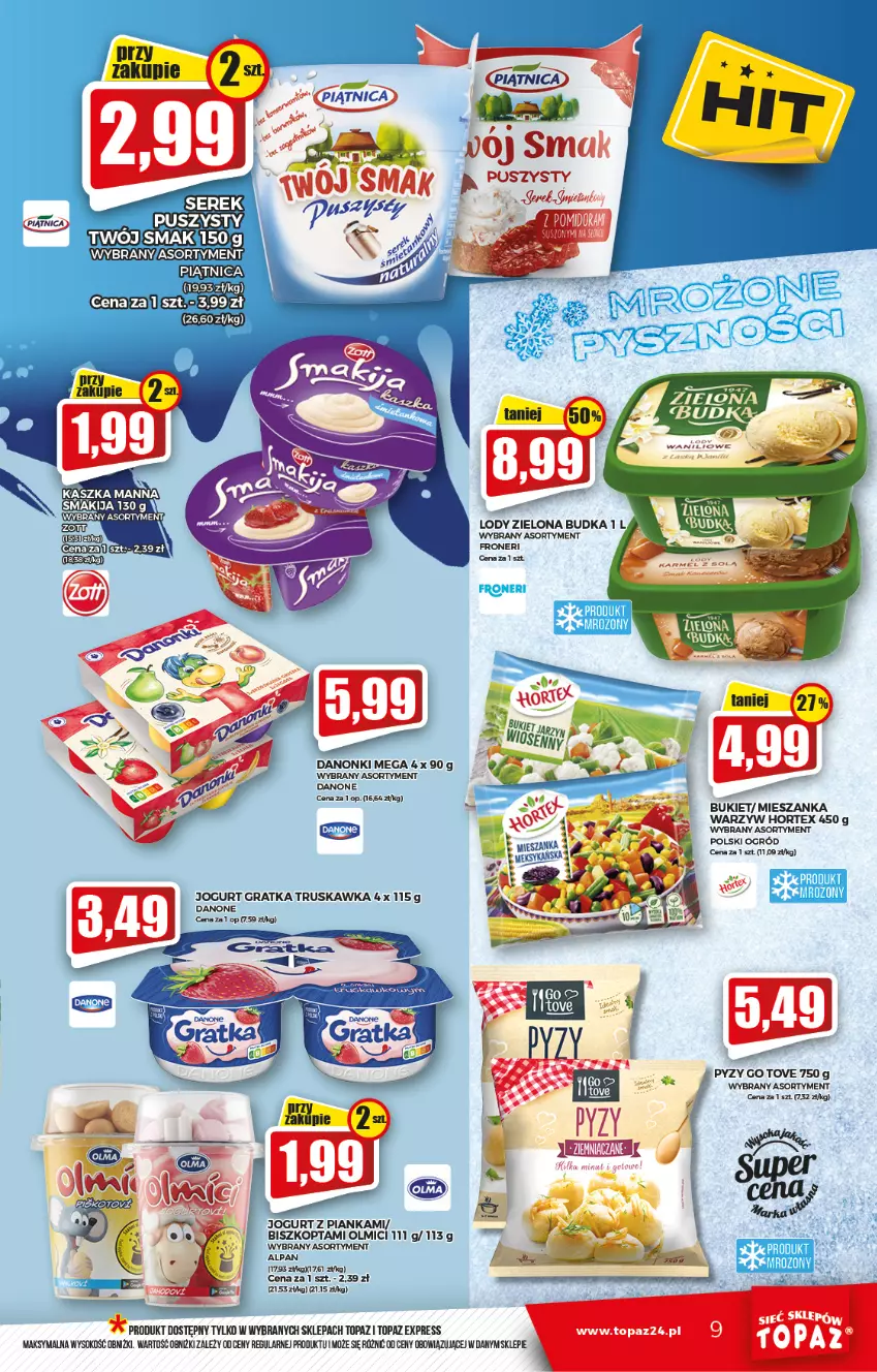 Gazetka promocyjna Topaz - Gazetka - ważna 10.02 do 16.02.2022 - strona 9 - produkty: Bukiet, Danone, Danonki, Gra, Hortex, Jogurt, Mieszanka warzyw, Ogród, Piątnica, Sok, Top