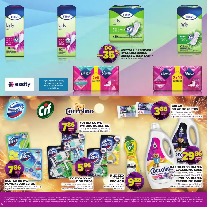 Gazetka promocyjna Stokrotka - Katalog Sylwester! - ważna 30.12.2025 do 14.01.2026 - strona 34 - produkty: Cif, Coccolino, Domestos, Kapsułki do prania, Kostka do wc, Mięso, Mleczko, Owoce, Podpaski, Warzywa, Wkładki