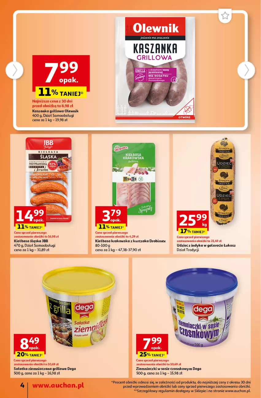 Gazetka promocyjna Auchan - Gazetka TANIE zakupy Supermarket Auchan - ważna 17.08 do 23.08.2023 - strona 4 - produkty: Dega, Drobimex, Gala, Grill, Kasza, Kaszanka, Kiełbasa, Kiełbasa krakowska, Kiełbasa śląska, Kosz, Kurczak, Olewnik, Sałat, Sałatka, Sos, Udziec z indyka, Udziec z indyka w galarecie