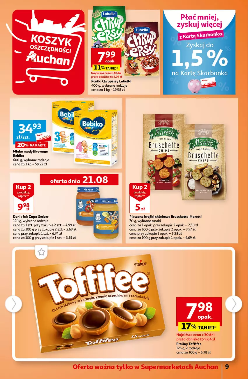 Gazetka promocyjna Auchan - Gazetka TANIE zakupy Supermarket Auchan - ważna 17.08 do 23.08.2023 - strona 9 - produkty: Bebiko, Bell, Bella, Bruschette, Chleb, Gerber, Lubella, Mleko, Mleko modyfikowane, Piec, Praliny, Toffifee, Zupa