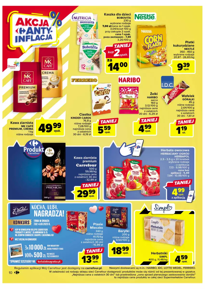 Gazetka promocyjna Carrefour - Gazetka Market - ważna 07.02 do 18.02.2023 - strona 12 - produkty: BoboVita, Ciastka, Dzieci, Ferrero, Góralki, Gra, Granat, Haribo, Herbapol, Herbata, Herbata owocowa, Herbatniki, Kawa, Kawa ziarnista, Kinder, Koc, Kosz, Mleczko, Ogród, Tran, Wafelek