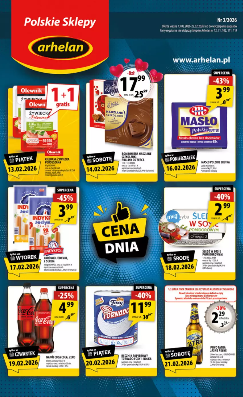 Gazetka promocyjna Arhelan - Gazetka - ważna 13.02 do 22.02.2026 - strona 1 - produkty: Olewnik, Piwa, Piwo, Praliny, Ser, Sos, Tatra