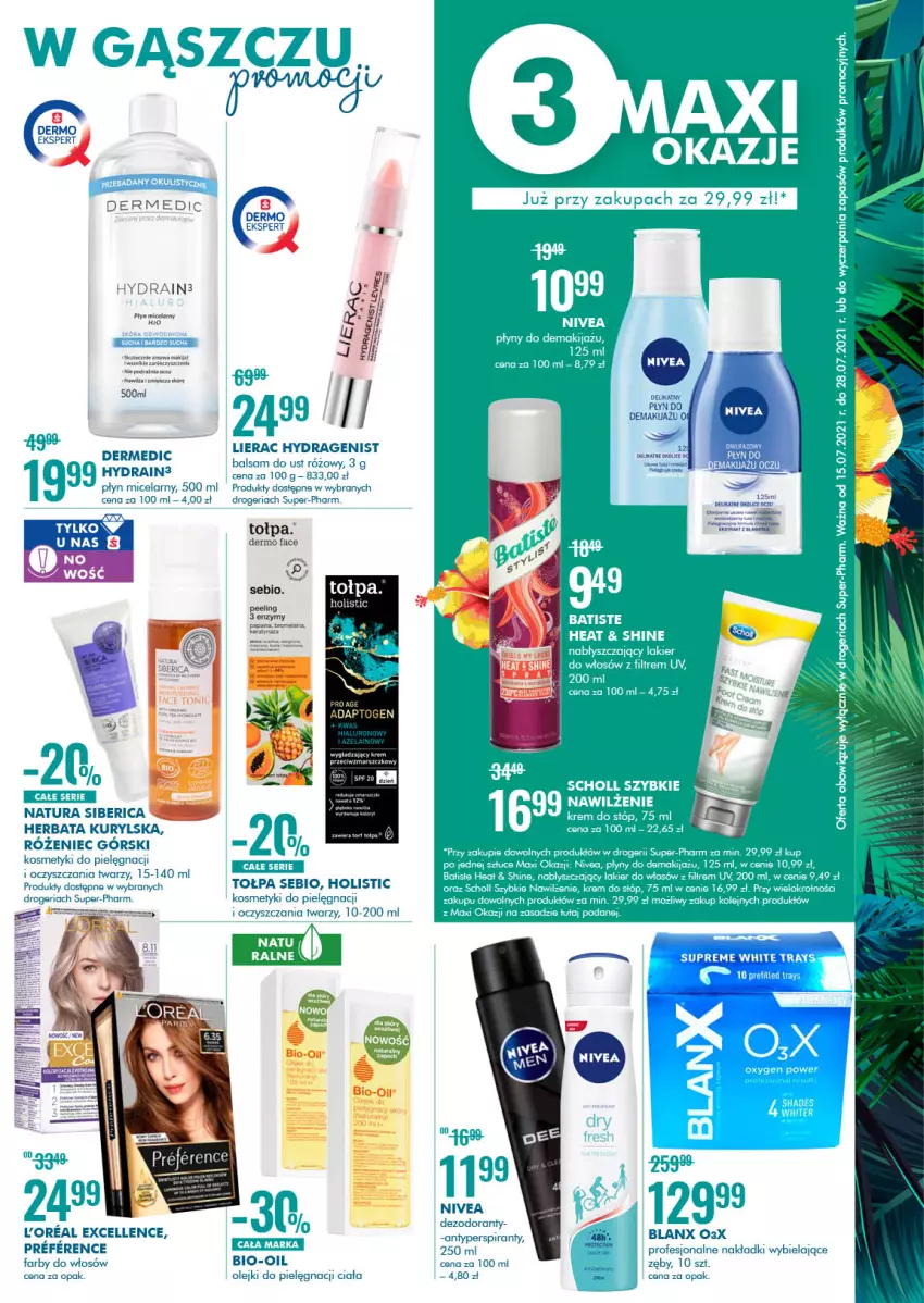 Gazetka promocyjna Super Pharm - Gazetka - ważna 15.07 do 28.07.2021 - strona 2 - produkty: Antyperspirant, Balsam do ust, Batiste, Bio-Oil, Dermedic, Dezodorant, Fa, Kosmetyki do pielęgnacji, Krem do stóp, Lakier, Lakier do włosów, Lierac, Makijaż, Natura Siberica, Nivea, Olej, Płyn micelarny, Scholl, Tołpa