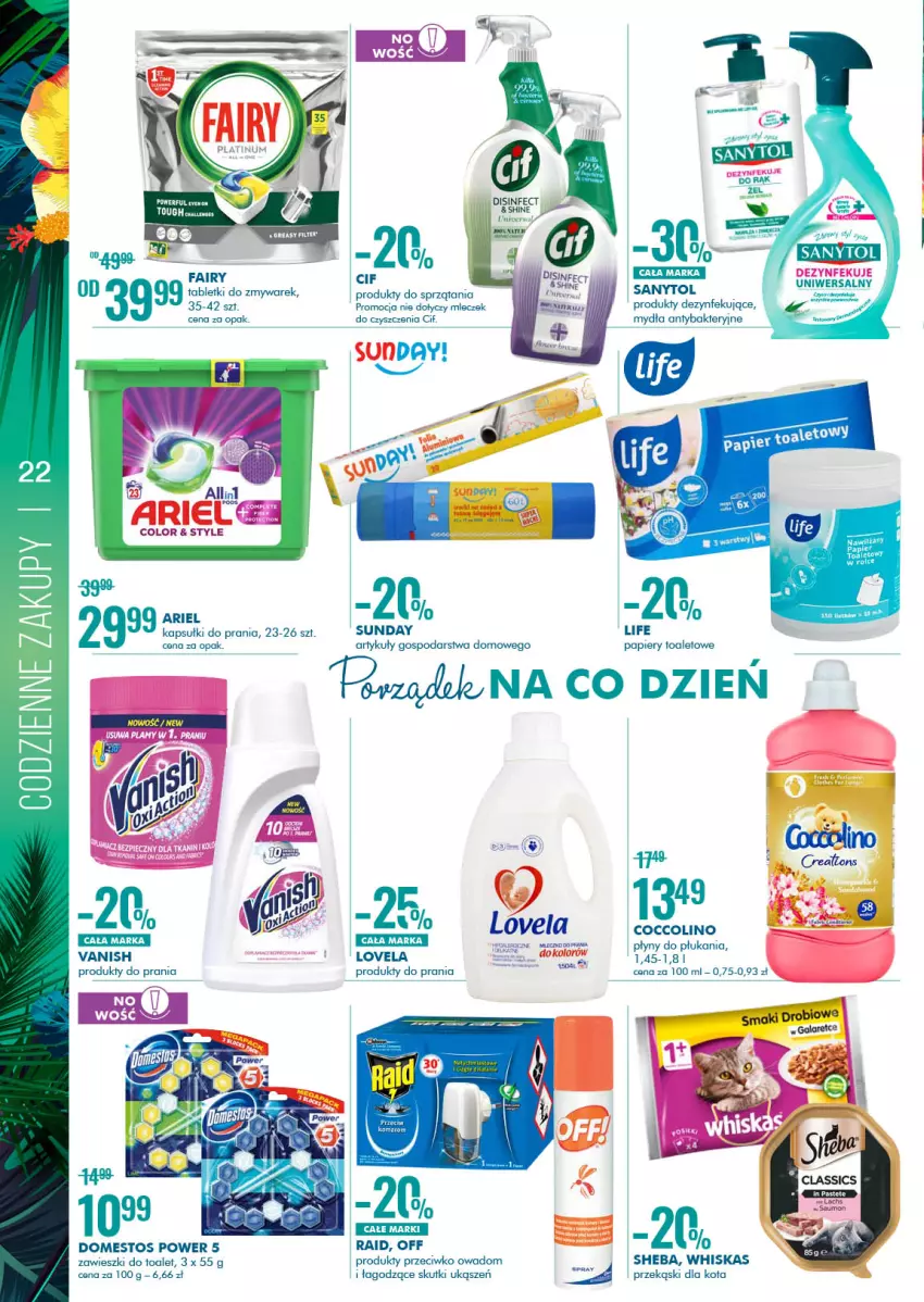 Gazetka promocyjna Super Pharm - Gazetka - ważna 15.07 do 28.07.2021 - strona 22 - produkty: Ariel, Cif, Coccolino, Domestos, Kapsułki do prania, Lovela, Papier, Przekąski dla kota, Sanytol, Sheba, Tablet, Vanish, Whiskas, Zawieszki