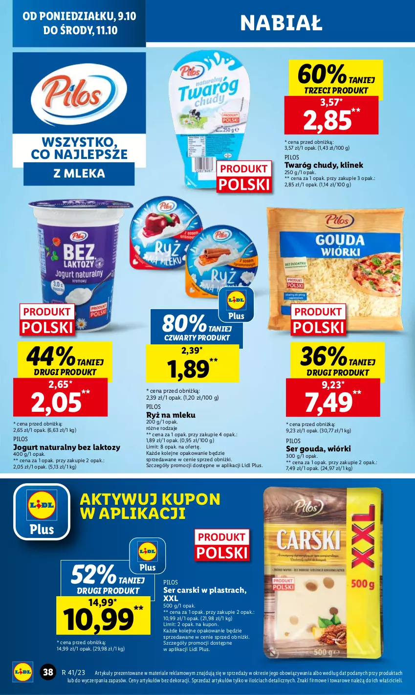 Gazetka promocyjna Lidl - GAZETKA - ważna 09.10 do 11.10.2023 - strona 42 - produkty: Cars, Gouda, Jogurt, Jogurt naturalny, Olej, Pilos, Ryż, Ryż na mleku, Ser, Twaróg, Twaróg chudy