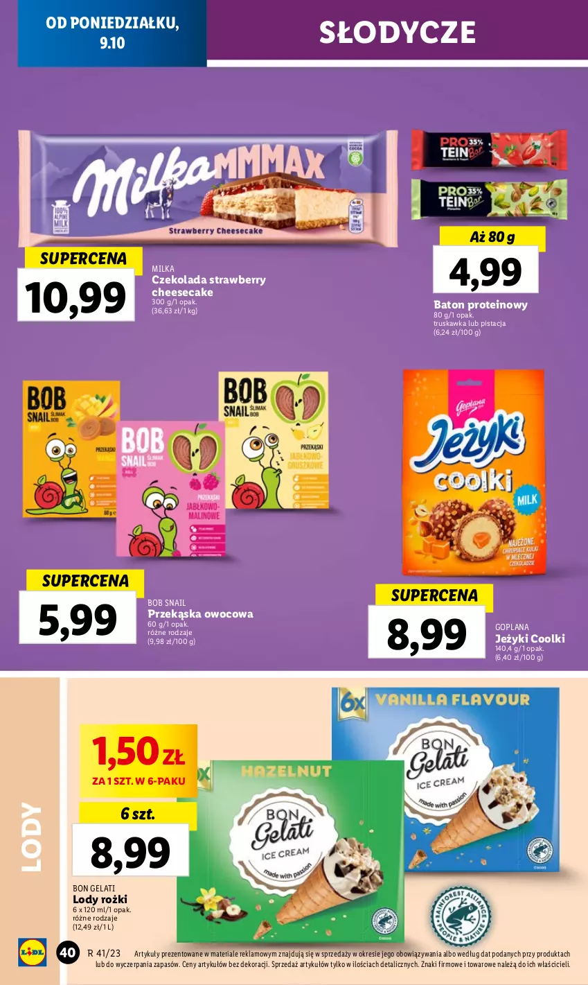 Gazetka promocyjna Lidl - GAZETKA - ważna 09.10 do 11.10.2023 - strona 44 - produkty: Baton, Czekolada, Goplana, Jeżyki, LANA, Lody, Milka