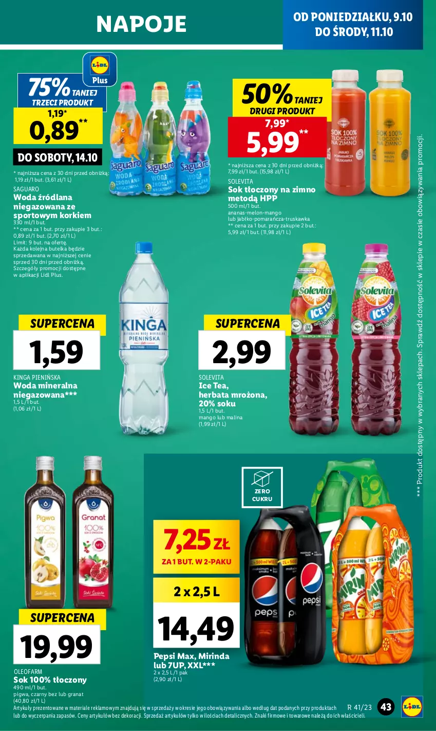 Gazetka promocyjna Lidl - GAZETKA - ważna 09.10 do 11.10.2023 - strona 47 - produkty: 7up, Ananas, Fa, Gra, Granat, Herbata, HP, Ice tea, LANA, Mango, Melon, Mirinda, Napoje, Olej, Oleo, Oleofarm, Pepsi, Pepsi max, Por, Sok, Sport, Woda, Woda mineralna