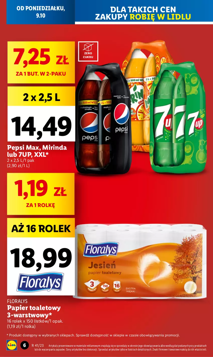 Gazetka promocyjna Lidl - GAZETKA - ważna 09.10 do 11.10.2023 - strona 6 - produkty: 7up, Flora, Mirinda, Papier, Papier toaletowy, Pepsi, Pepsi max