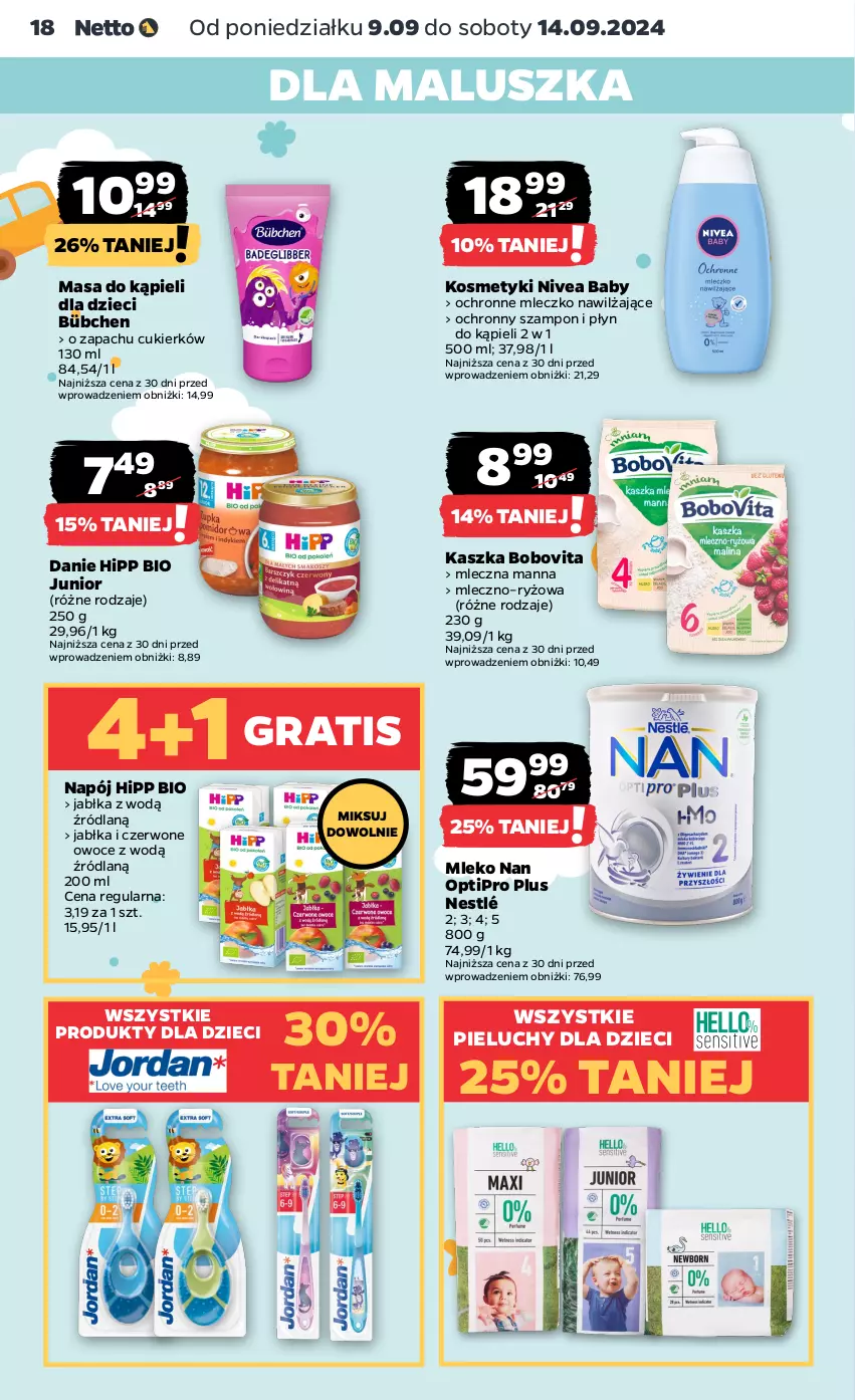 Gazetka promocyjna Netto - Artykuły spożywcze - ważna 09.09 do 14.09.2024 - strona 18 - produkty: BoboVita, Cukier, Dzieci, Gra, HiPP, Hipp Bio, Jabłka, Mleczko, Mleko, NAN Optipro, Napój, Nestlé, Nivea, Nivea Baby, Owoce, Pieluchy, Płyn do kąpieli, Ryż, Szampon